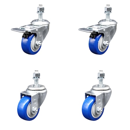 Service Caster 3 Inch SS Blue Poly Swivel 12mm Threaded Stem Caster Total Lock Brake, 2PK SSTSTTL20S314-PPUB-BLUE-M1215-2-S-2